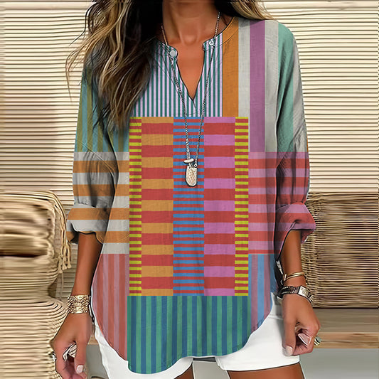 Comstylish Vintage Geometric Abstract Art Women's Linen V-neck Long Sleeve Shirt