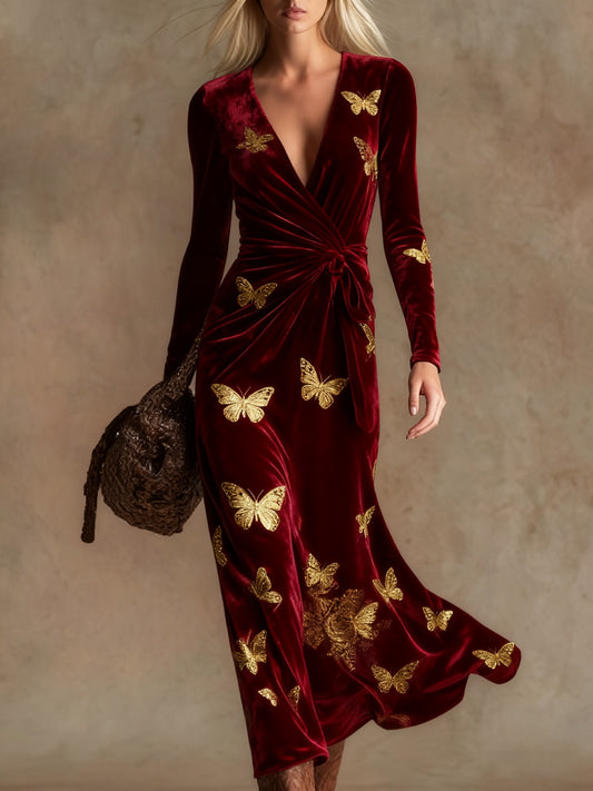 Elegant vintage print V-neck velvet maxi dress