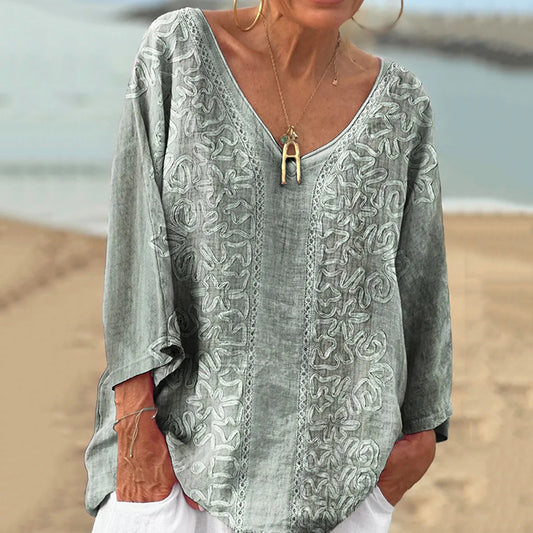 Vintage V-neck Loose Linen Blend T-shirt elevenforest