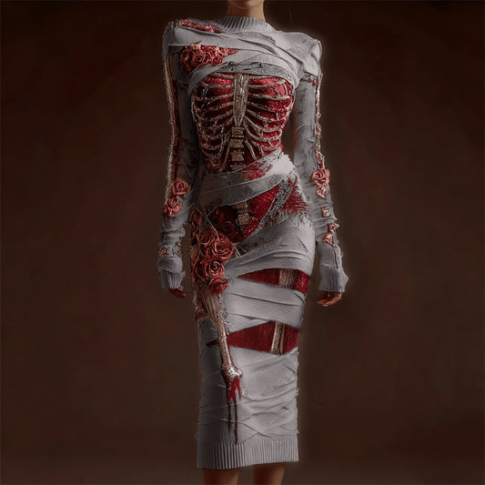 Comstylish Classy Skeleton Anatomy Bloody Roses Bandages Maxi Sweater Dress