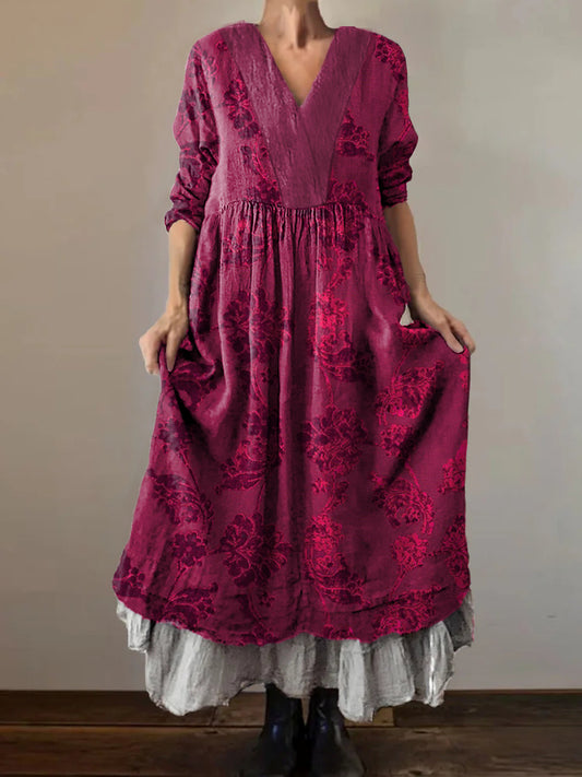 Women's Ethnic Floral Art Pattern Print V-Neck Pocket Cotton Dress
