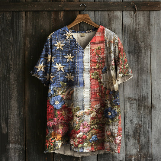 Men's Independence Day Flag Floral Cotton And Linen T-shirt elevenforest
