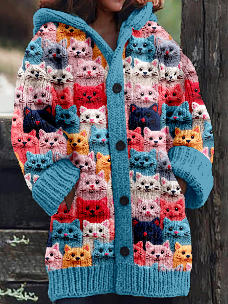 KS | Knitted coat with button placket and playful cat print