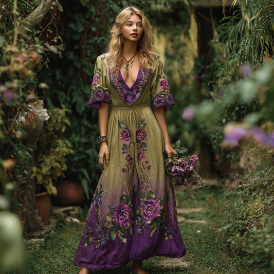 Vintage Gradient Purple Floral Embroidered V Neck Linen Blend Maxi Dress elevenforest