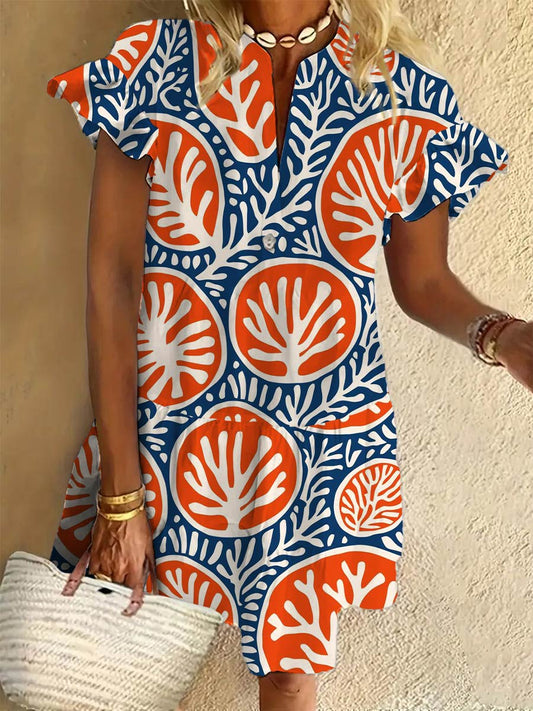 Women's Floral Art Ruffled Short-sleeved V-neck Buttoned Dress Vacation Beach Dress