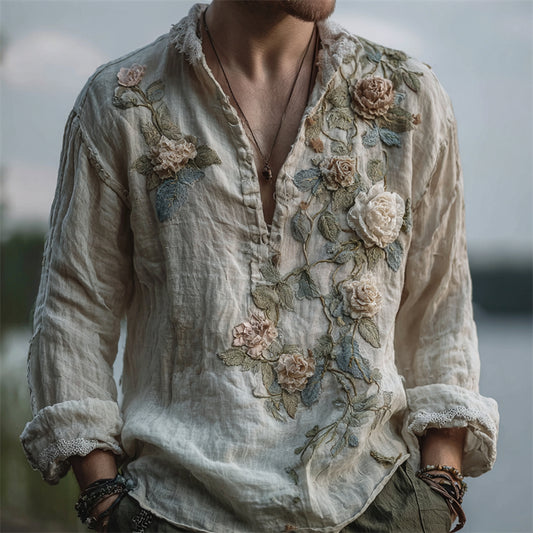 Men's Vintage Roses Fiber Art Gradient Linen Henley Shirt elevenforest