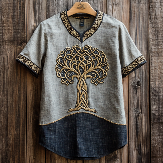Men's Viking Tribal Tree Of Life With Celtic Knotwork Embroidered Linen Round Neck T-shirt elevenforest
