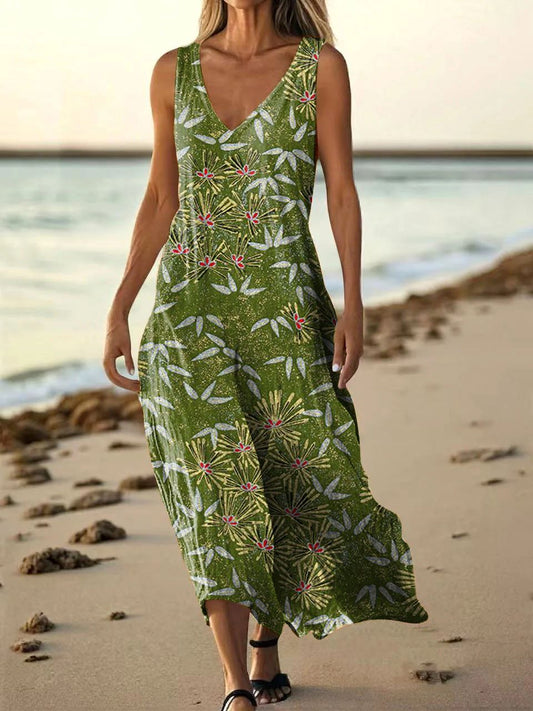 Women's Floral Art Print Pocket Cotton Dresses