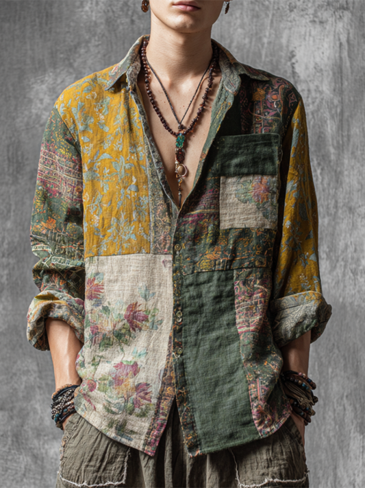 Western Style Bohemian Plant Flower Pattern Color Block Patchwork Retro Cotton And Linen Men's Shirt elevenforest