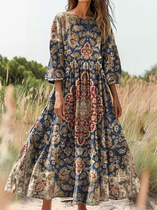 Women's Retro Ethnic Totem Print Flowy Cotton Crew Neck Dress