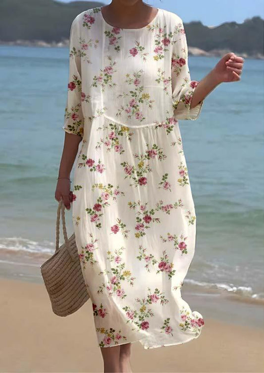 Women's Elegant Rose Floral Print Crew Neck Dress