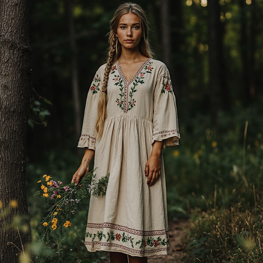Vintage Plant Floral Embroidered V-neck Cotton Linen Dress elevenforest