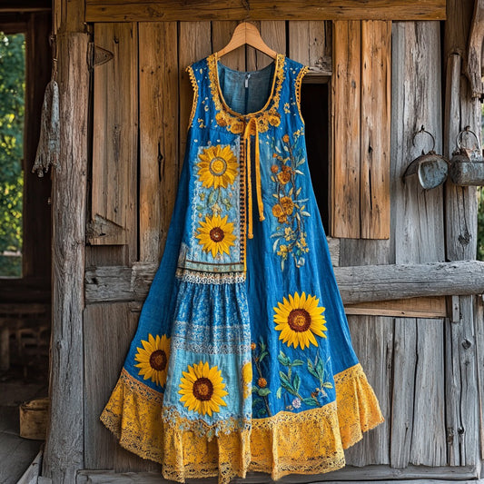 Sunflower Lace Patchwork Flowy Linen Dress elevenforest