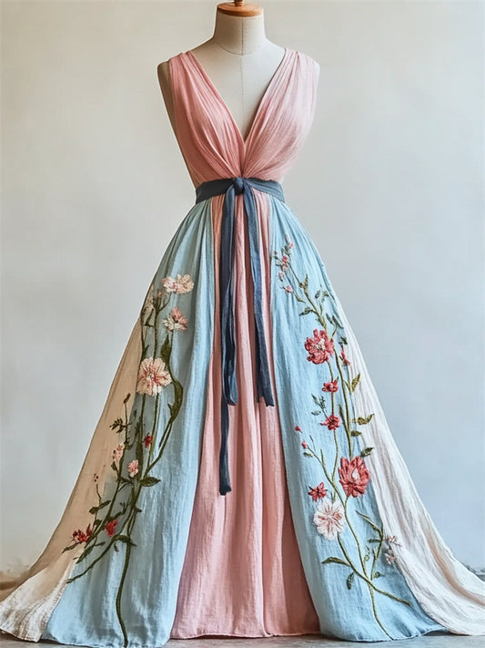 Floral Embroidered Trans Inspired Colorblock Linen Maxi Dress elevenforest