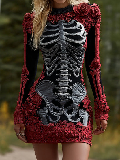 Comstylish Women's Halloween Skeleton Bones Leather With Rose Pattern Art Hot Sexy Style Cozy Knit Mini Sweater Dress