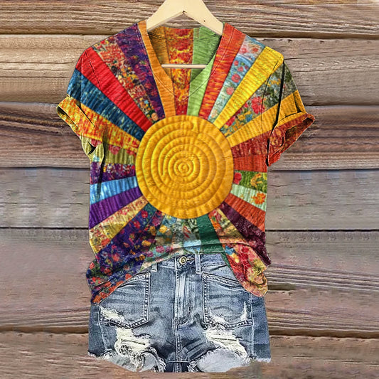 Women's Vintage Floral Art Print V-neck Casual T-Shirt