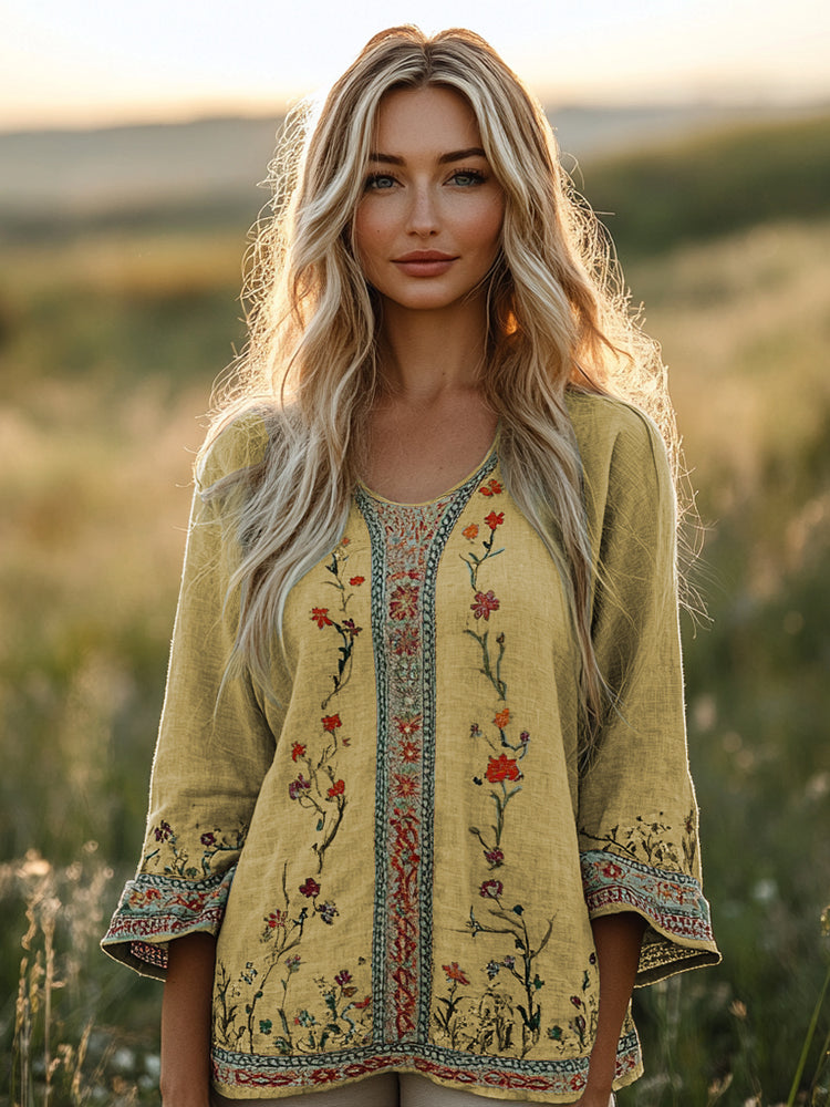Comstylish Retro Bohemian Floral Embroidery Art Graphics Linen Blend Loose Blouse