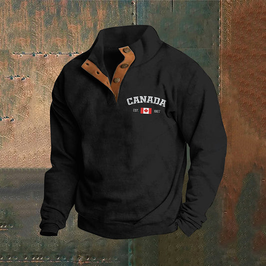 Men's Canada Art Print Stand Collar Button Sweatshirt elevenforest