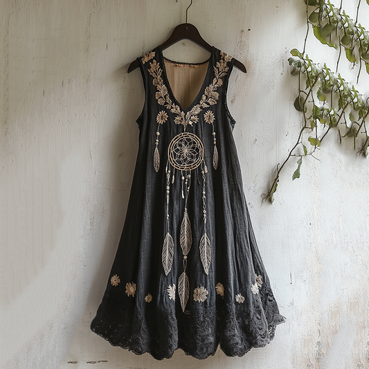 Women's Dreamcatcher Embroidered Flowy Linen Tank Dress elevenforest