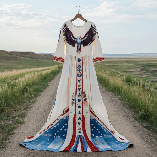 Women's Bald Eagle And Tribal Pattern Cotton And Linen Dress elevenforest