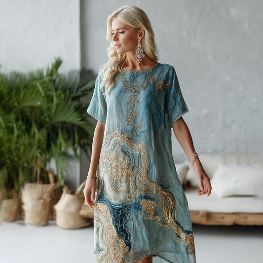 Vintage Marble Texture Collection Retro Bohemia Gradient Gilded Pattern Linen Dress