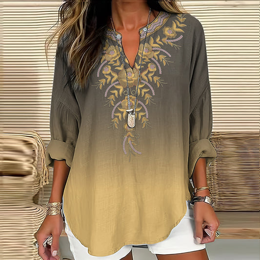 Comstylish Women's Bohemian Style Gradient Floral Linen Print Casual Shirt