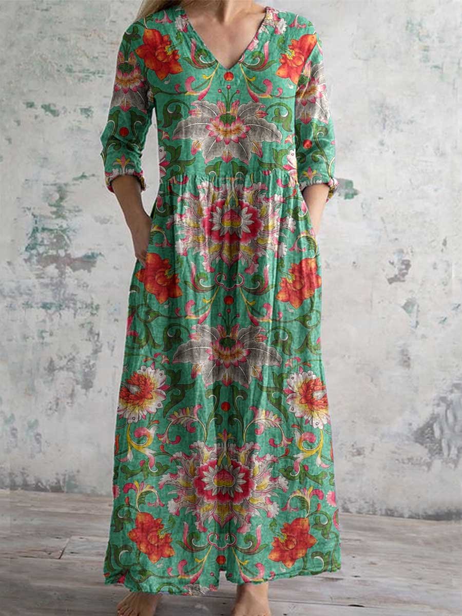 Women's V-neck  Abstract Art Floral Pattern Collar Cotton Dress With Pockets