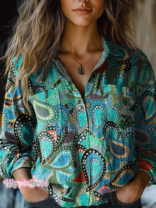 Women's Vintage Paisley Cashew Pearls Print Casual Long Sleeve Comfort