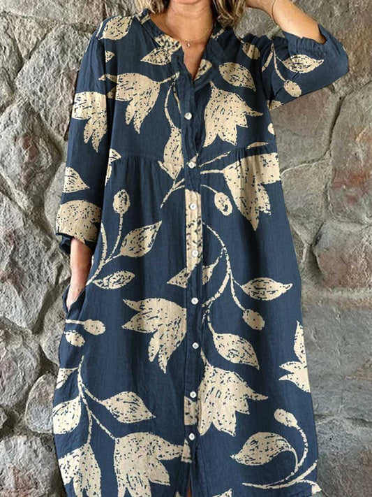 Women's Resort Art Rose Floral Pattern Cotton Shirt Dress