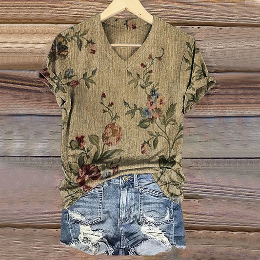 Women's Vintage Floral Art Print V-neck Casual T-Shirt