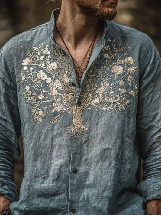 Men's Floral Tree Of Life Embroidered Flowy Linen Shirt elevenforest