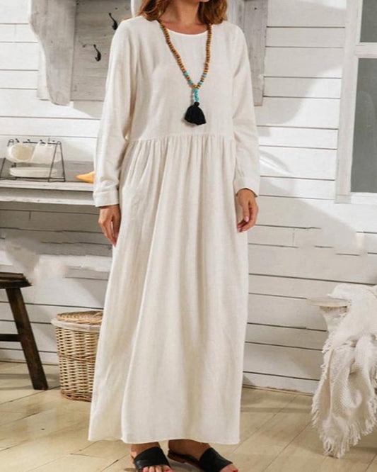 Round Neck Long Sleeve Solid Linen Panel Dress