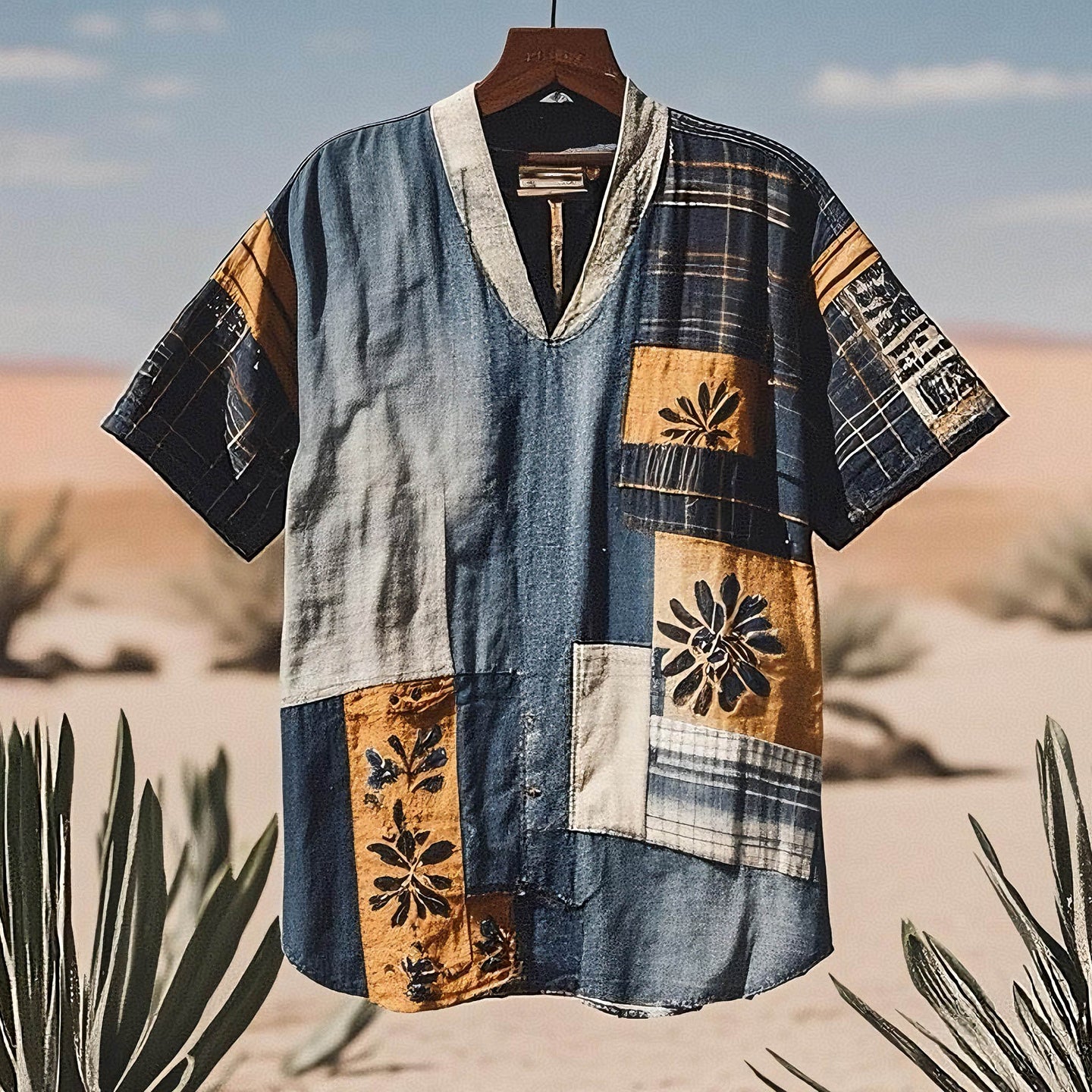 Men's Contrast Colors  Patchwork Sun Linen T-shirt elevenforest
