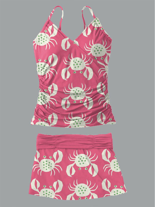 Women's Summer Crab Print Casual Suspender Shirred Swimsuit Set