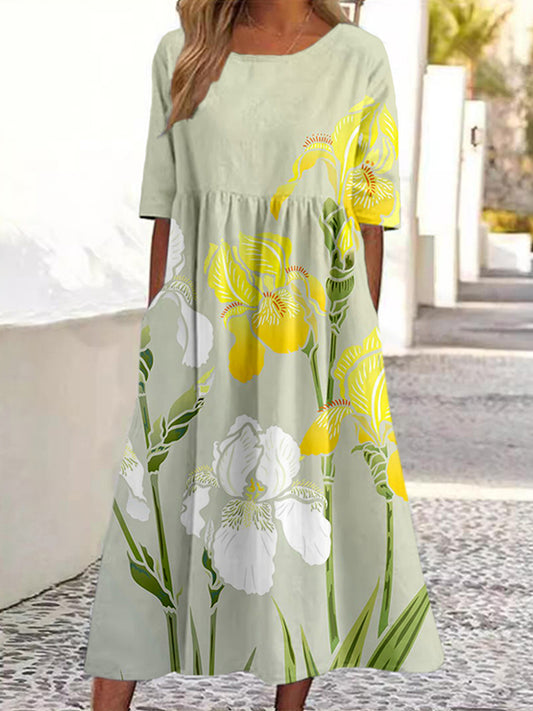 Yellow And White Iris Flower Art Linen Blend Maxi Dress elevenforest
