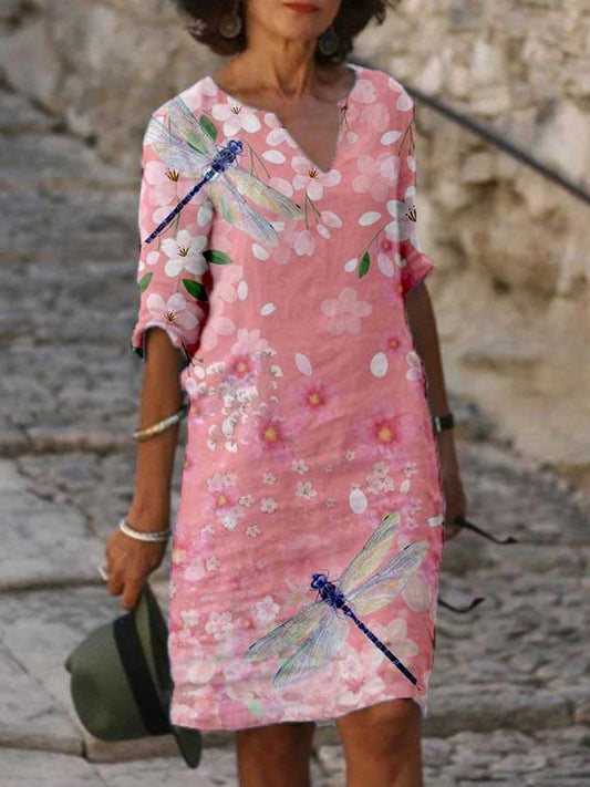 V Neck Casual Floral Oil Painting Print Dress