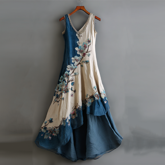 Women's Vintage Cherry Blossom Colorblock Linen Sleeveless Dress