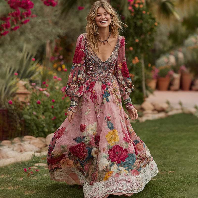 Women's Vintage Floral Print V-neck Long Sleeve Maxi Dress elevenforest