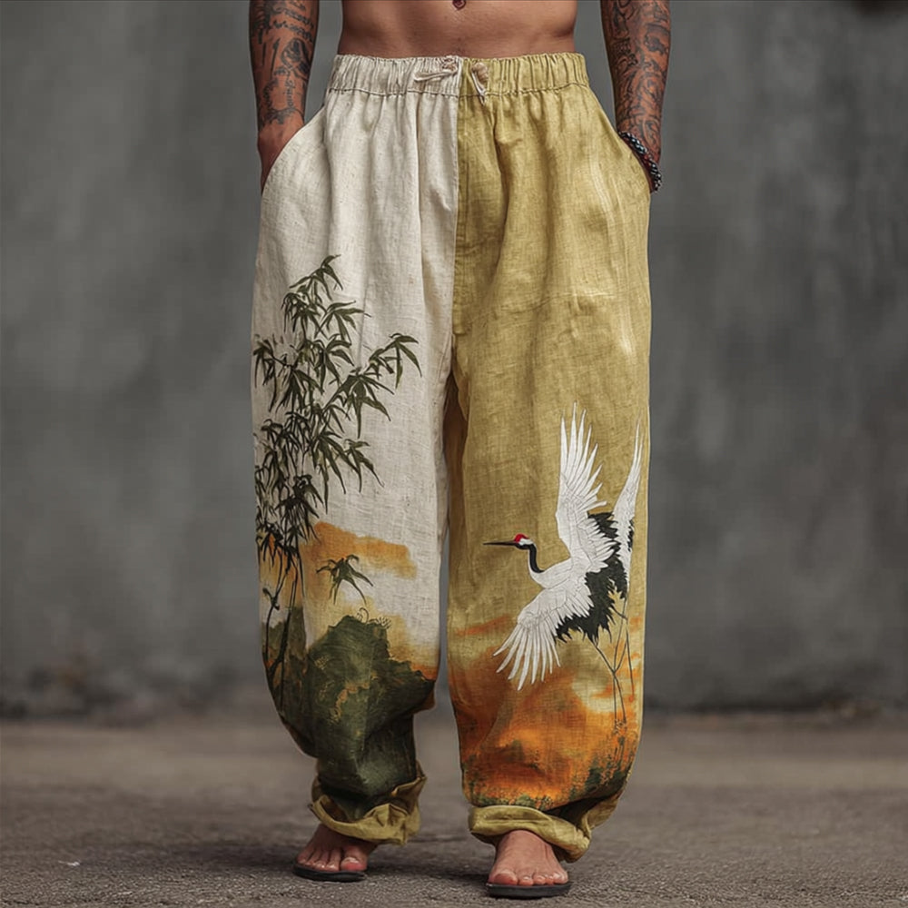 Men's Japanese Style Crane And Bamboo Forest Retro Linen Trousers elevenforest