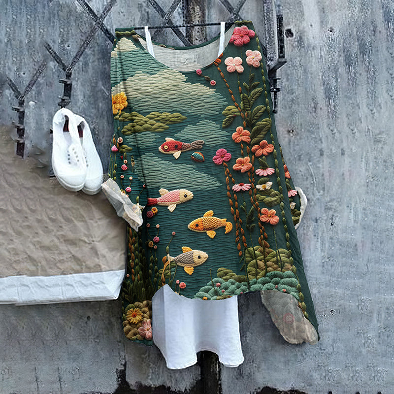 Vintage Flower And Fish Loose Linen Cozy Shirt Tunic Top elevenforest