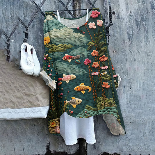 Vintage Flower And Fish Loose Linen Cozy Shirt Tunic Top elevenforest