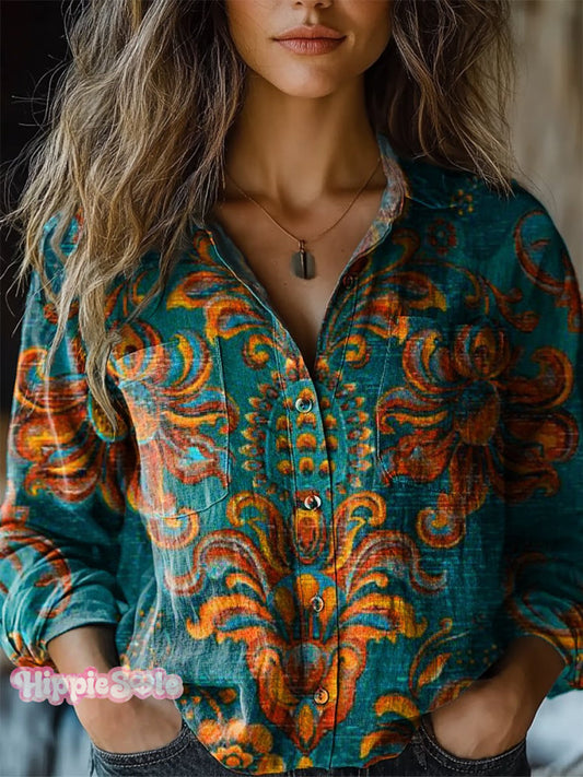 Women's Retro Ethnic Pattern Print Casual Long Sleeve Comfortable Cott