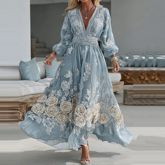 Women's Vintage Blue Rose Embroidery Long Sleeve Casual Maxi Dress elevenforest