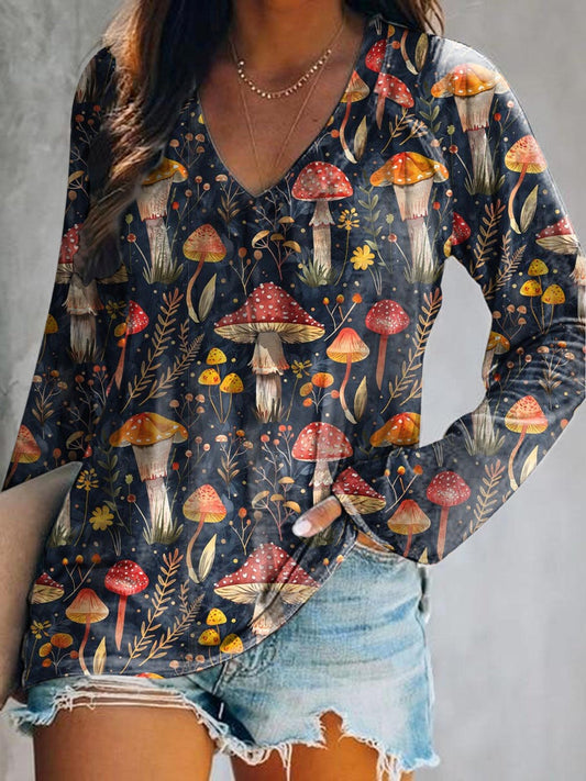 Women's Mushroom Garden Art Print Casual V-Neck Long Sleeve T-Shirt