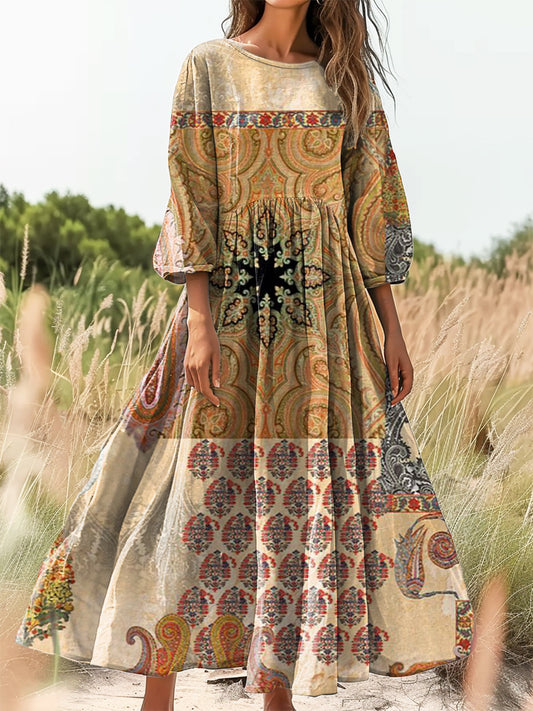 Women's Vintage Floral Art Print Flowy Cotton Crew Neck Dress