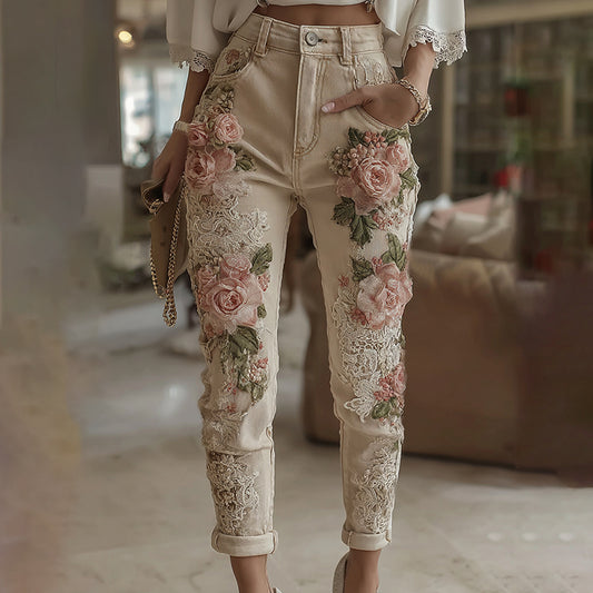 Women's Vintage Rose Embroidery Art Casual Jeans elevenforest