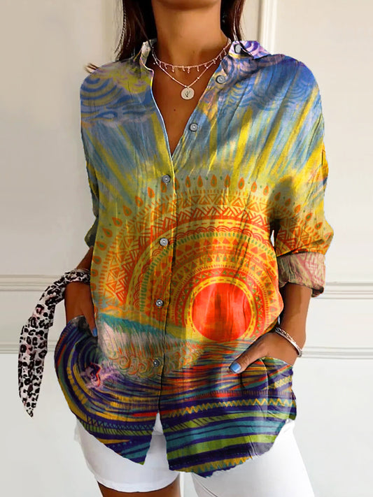Women's Colorful Sun Art Print Casual Cotton Shirt