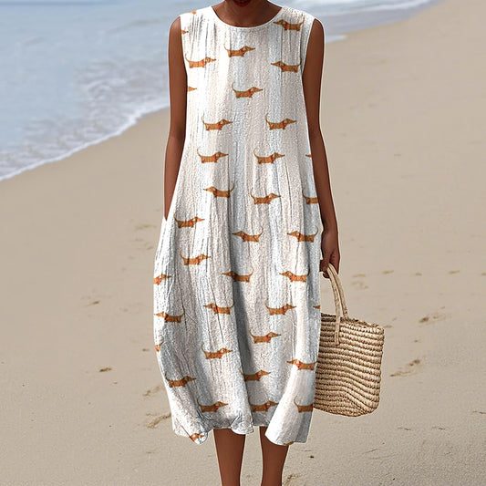 Women's Retro Dachshund Art Print Sleeveless Dress elevenforest