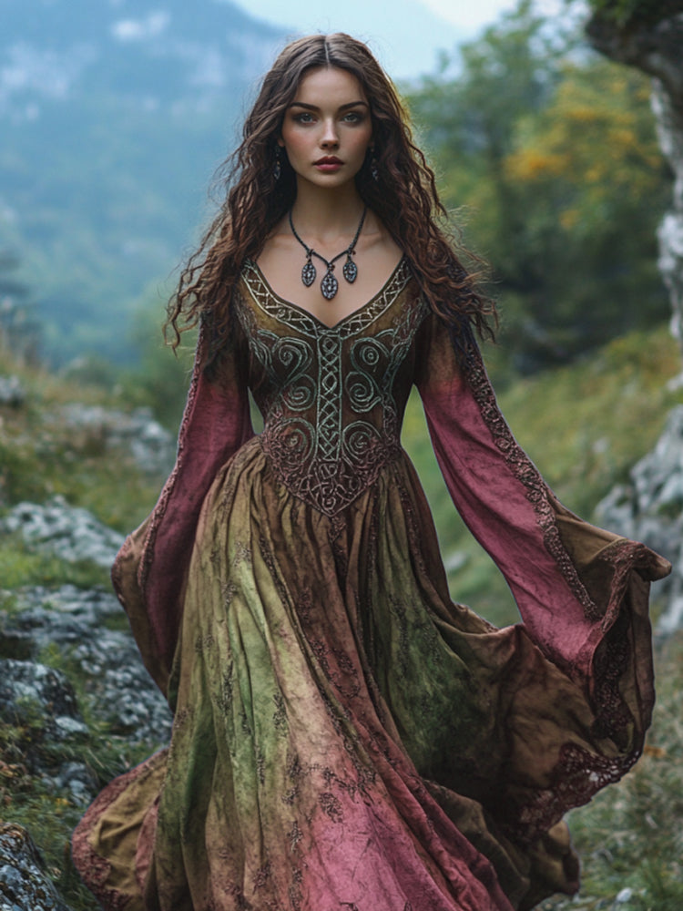 Vintage Viking Tribal Celtic Knot Art Linen V-neck Maxi Dress artswardrobe