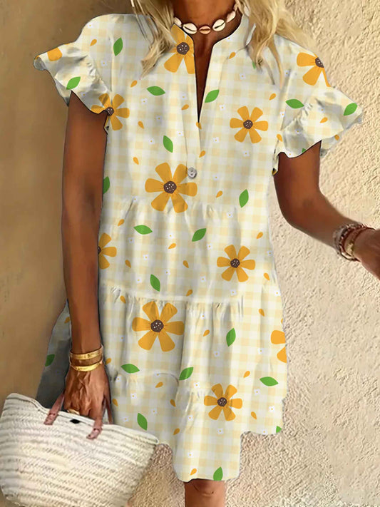 Flower Art Print Ruffled Short-sleeved V-neck Buttoned Dress Vacation Beach Dress